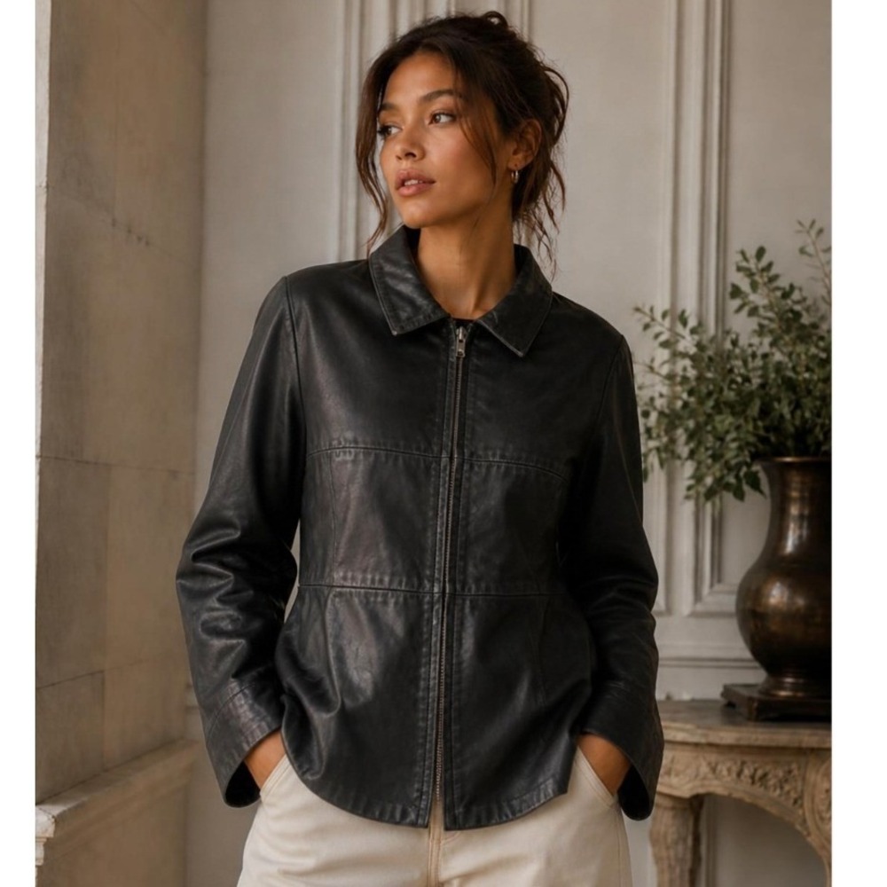 Vintage 90s Black Leather Zip Up Jacket Merona L 90s Buttery Minimalist Grunge